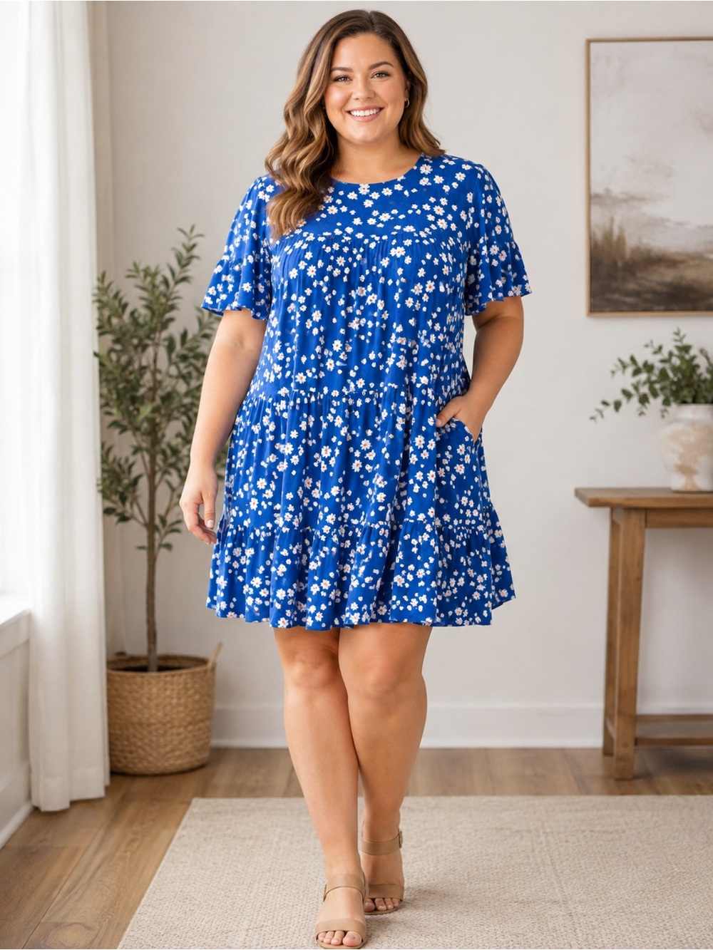 Blue Floral Tiered Short Sleeve Dress